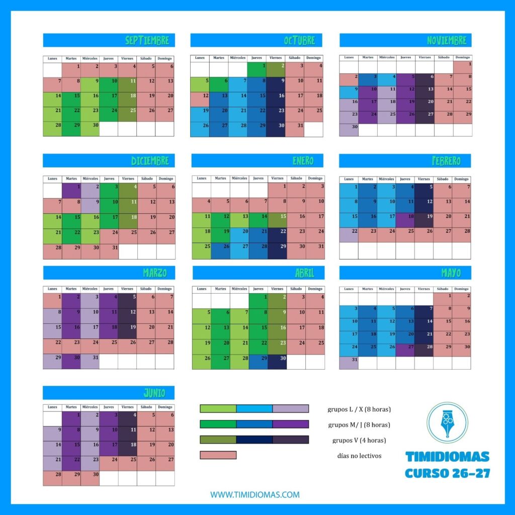 Calendario escolar Tim Idiomas curso 2026-2027